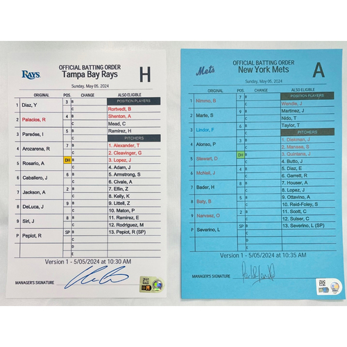 Game Used Batting Order Cards Package Tampa Bay Rays v New York Mets