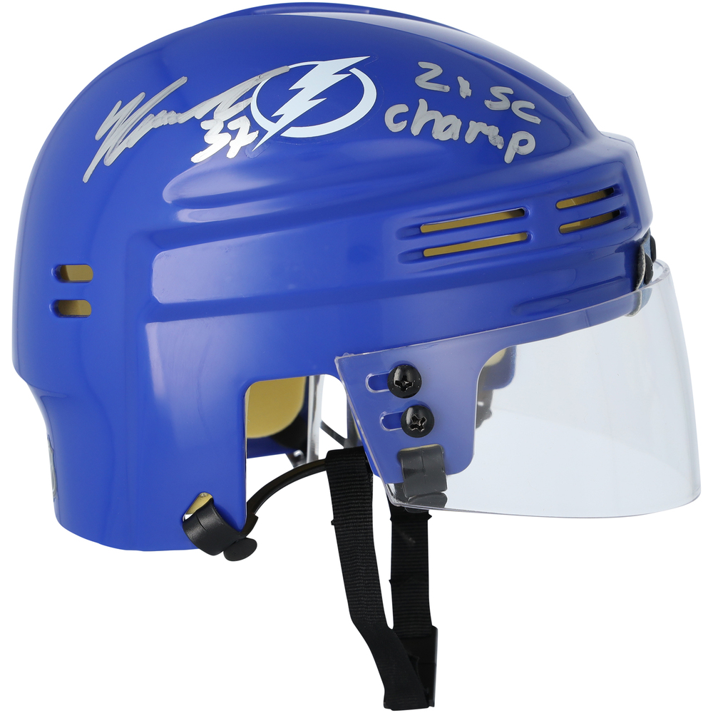 Yanni Gourde Tampa Bay Lightning Autographed Blue Mini Helmet with 
