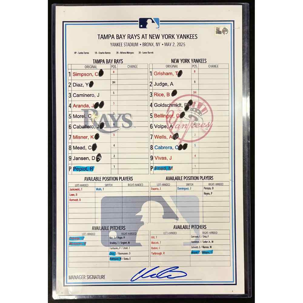 2015 MLB GAME USED LINE-UP CARDラインナップカード Game Used Lineup Card: Tampa Bay Rays at New York Yankees