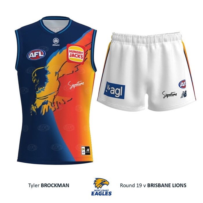 Photo of Tyler Brockman #10 West Coast Eagles 2026 Ochre Player-Issue Guernsey & Shorts