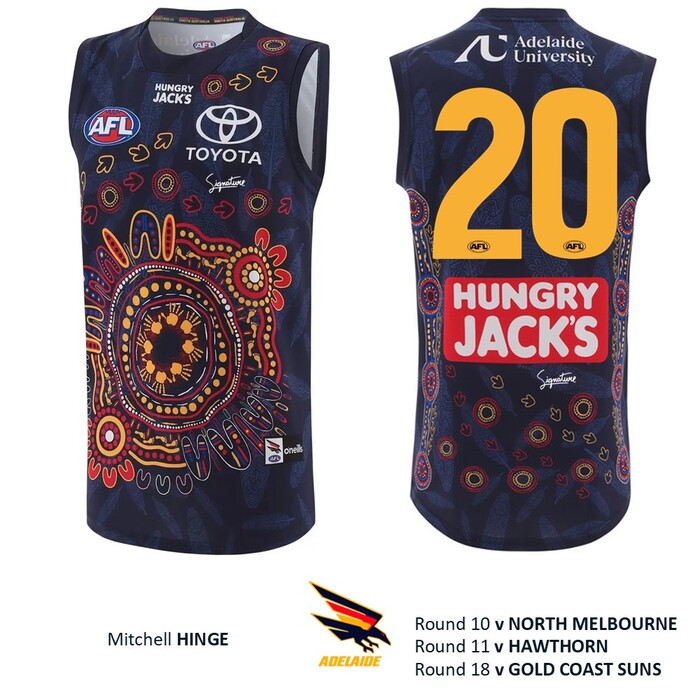 Photo of Mitchell Hinge #20 Adelaide Crows 2026 First Nations Guernsey