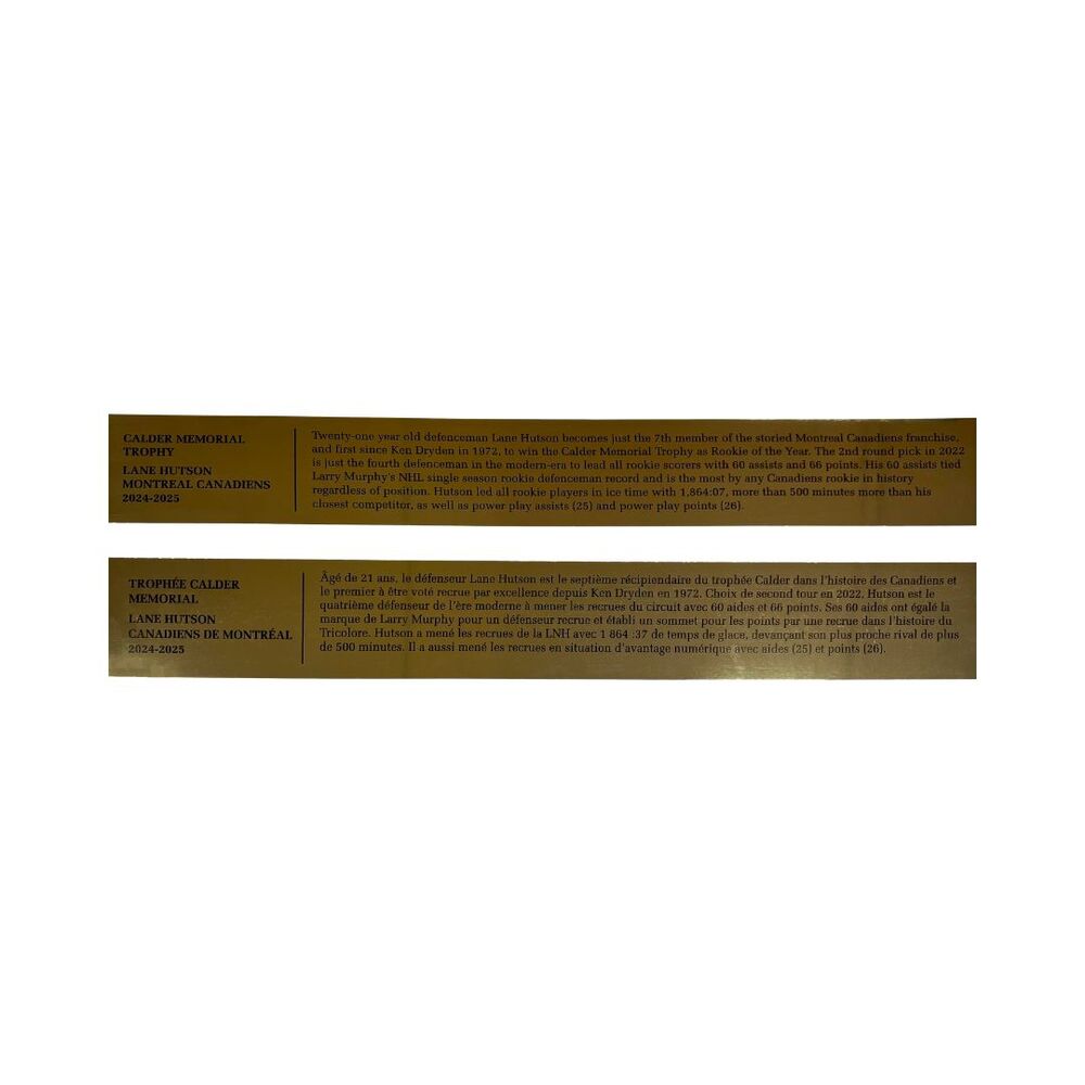 Lane Hutson 2024-25 Calder Memorial Trophy Gold Placards (English and French) ONLY PAIR AVAILABLE
