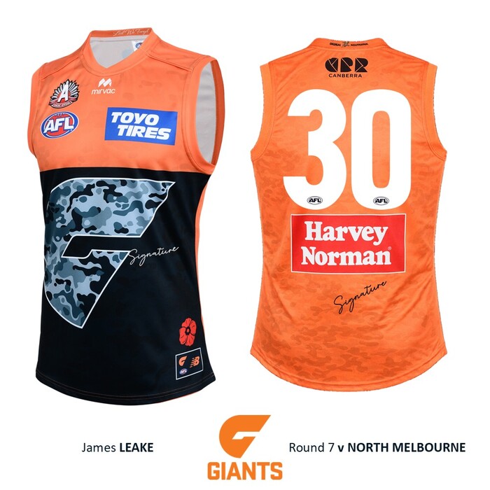 Photo of James Leake #30 GWS GIANTS Anzac Round Match-Worn Jumper