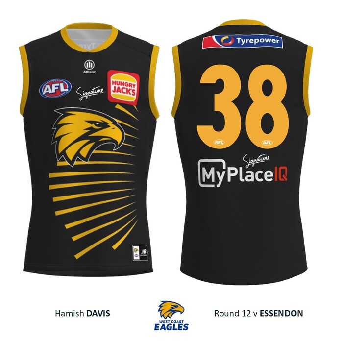 Photo of Hamish Davis #38 West Coast Eagles 2026 WA Day Match-Worn Guernsey & Shorts