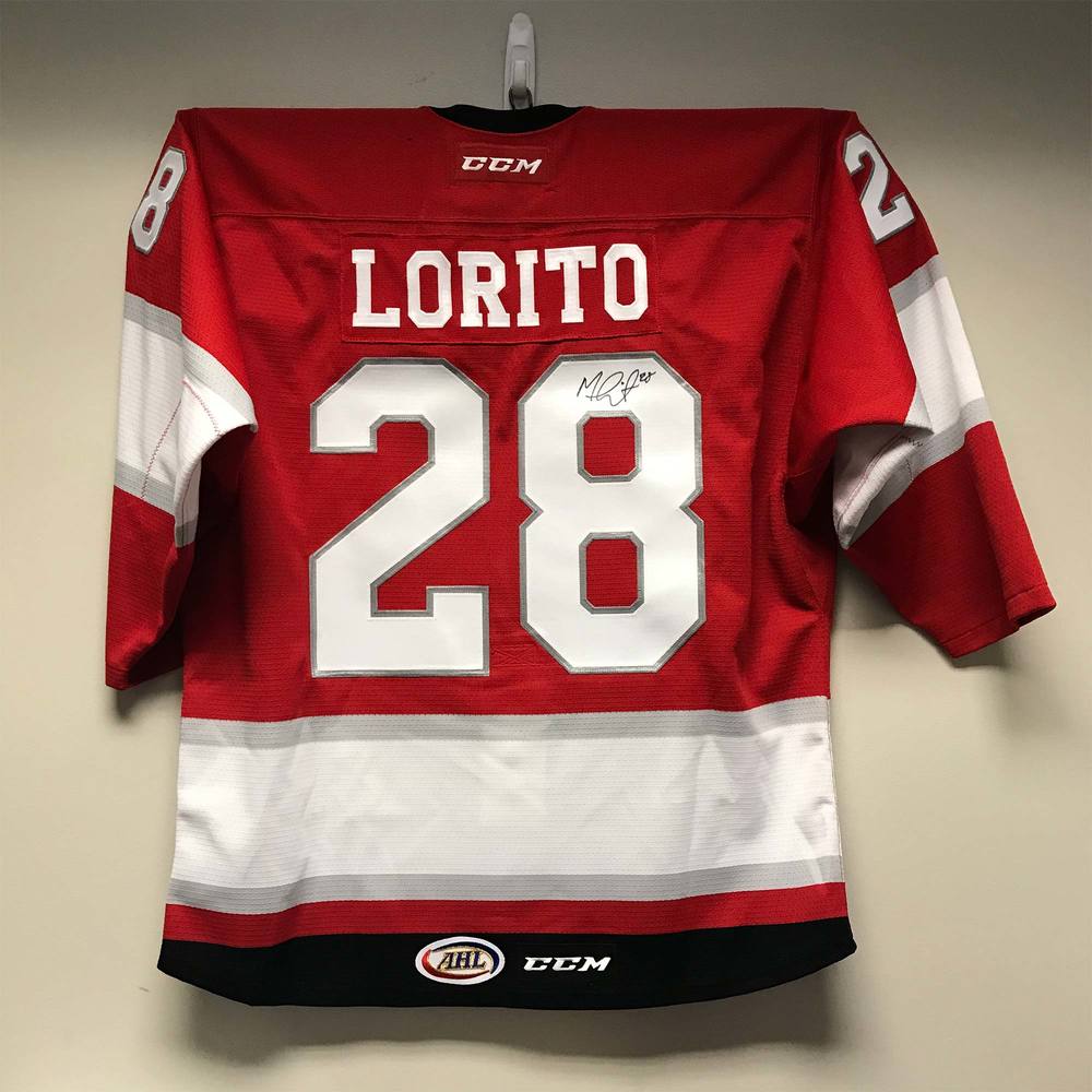 AHL Authentic Grand Rapids Griffins Red Kettle Jersey Worn and Signed by 28 Matt Lorito