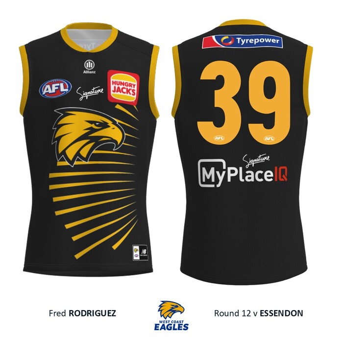 Photo of Fred Rodriguez #39 West Coast Eagles 2026 WA Day Player-Issue Guernsey & Shorts