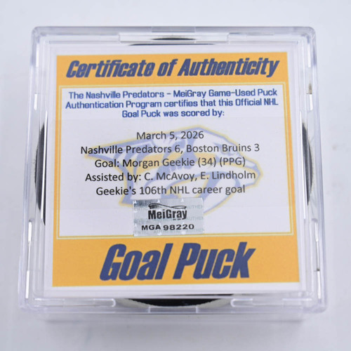 Image of Geekie, Morgan - Boston Bruins - March 5, 2026 at Nashville Predators (Predators Logo)