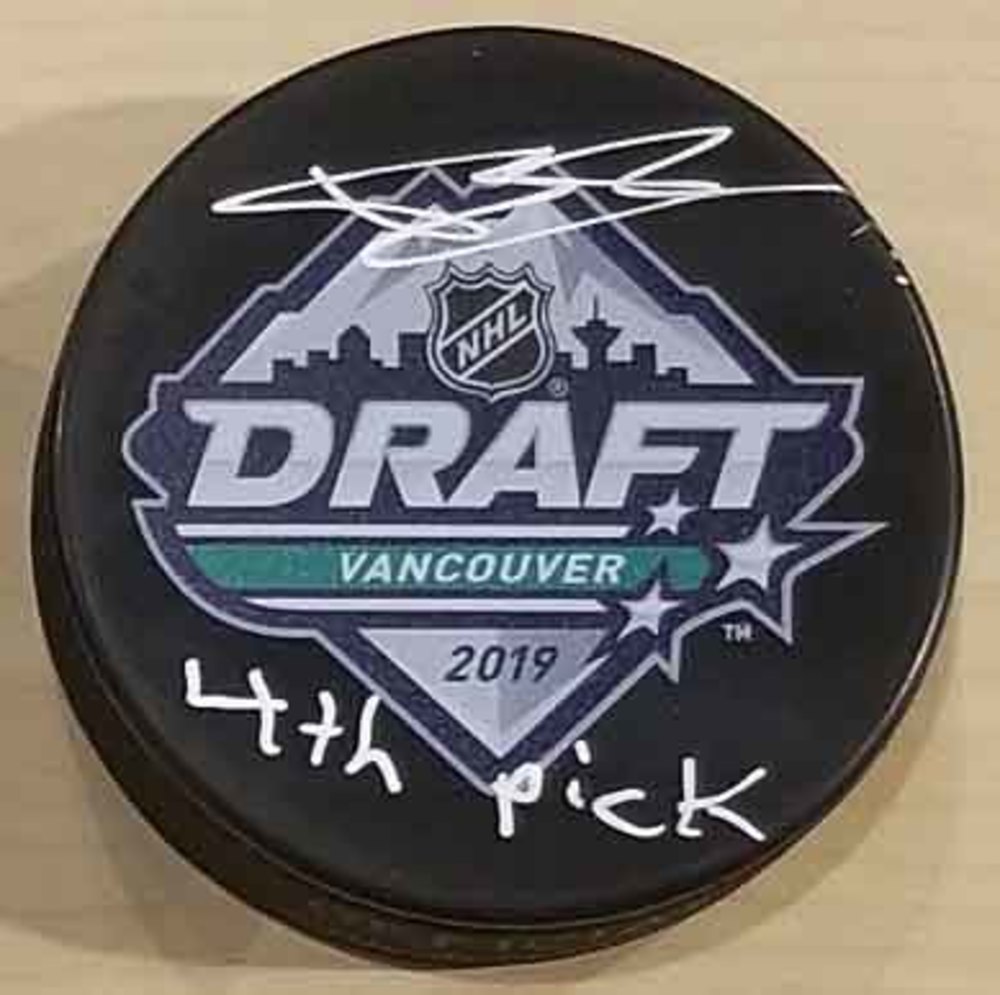 Bowen Byram Autographed 2019 NHL Draft Day Puck w 4th Pick Inscription *Colorado Avalanche* *Autograph Slighty Smudged*