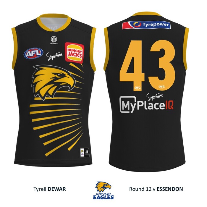 Photo of Tyrell Dewar #43 West Coast Eagles 2026 WA Day Player-Issue Guernsey & Shorts