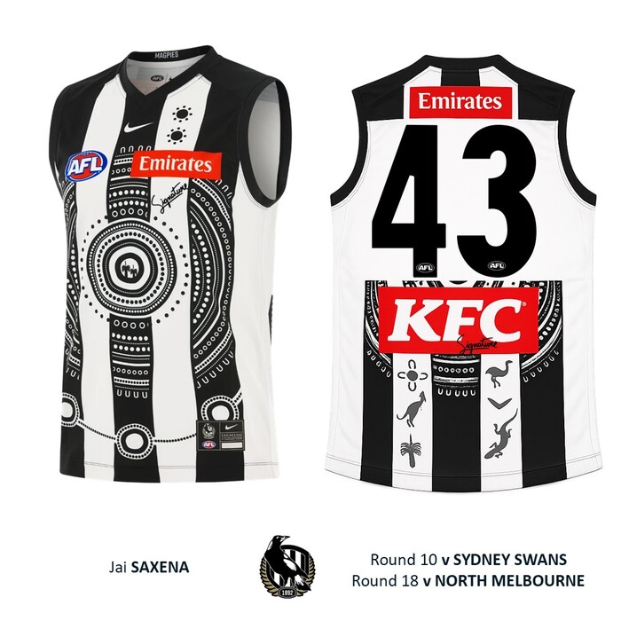 Photo of Jai Saxena #43 Collingwood 2026 Indigenous Player-Issue Guernsey