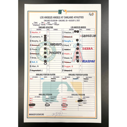 Game-Used Lineup Card: Angels vs A's 8/9/22 - Ohtani's 1,000th Career Strikeout Game and Season Win #10
