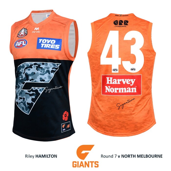 Photo of Riley Hamilton #43 GWS GIANTS Anzac Round Player-Issue Jumper