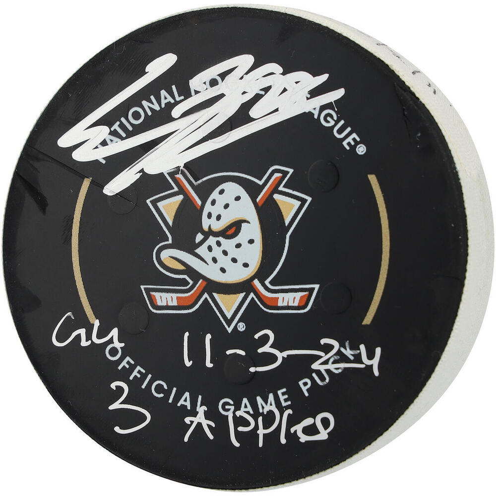 Connor Bedard Chicago Blackhawks Autographed Game-Used Puck vs. Anaheim Ducks on November 3, 2024 with Multiple Inscriptions