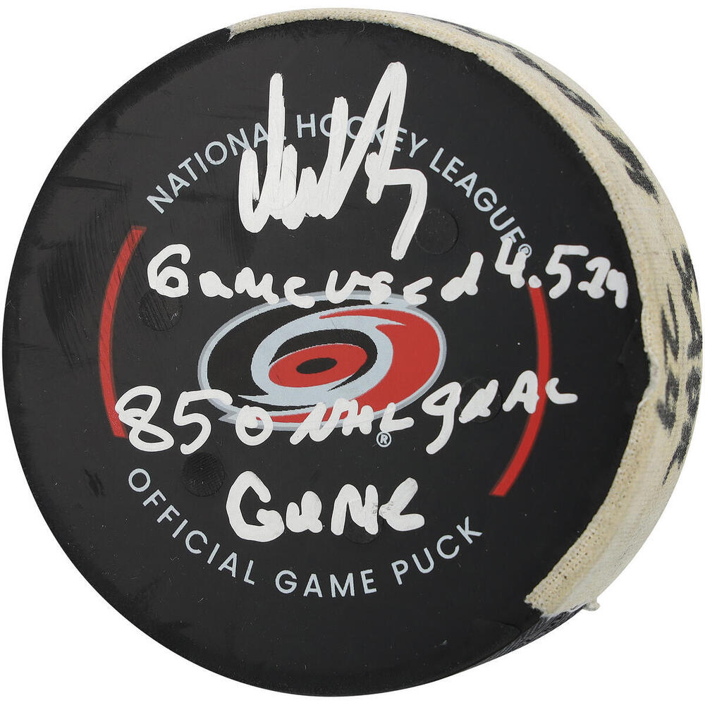 Alex Ovechkin Washington Capitals Autographed Game-Used Puck vs. Carolina Hurricanes on April 5, 2024 with Multiple Inscriptions