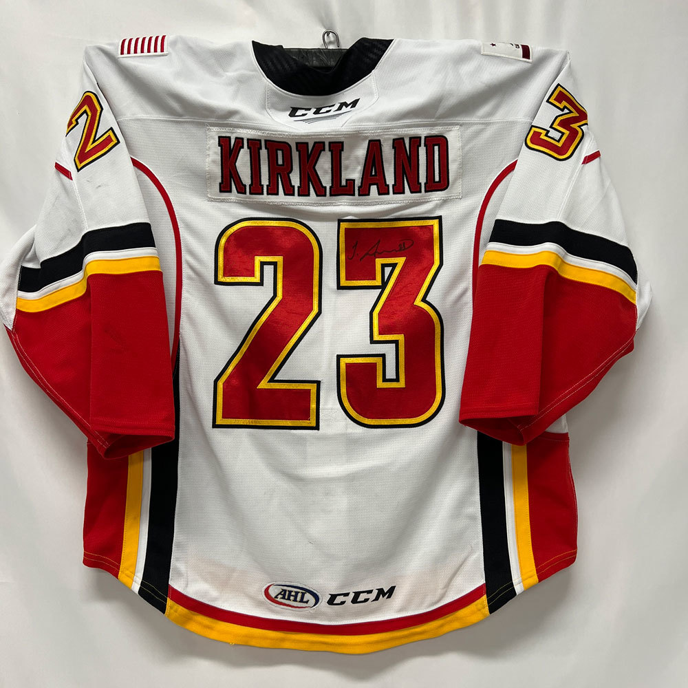AHL Authentic 2022 Stockton Heat Calder Cup Playoffs WHITE Jersey Game Worn and Signed by 23