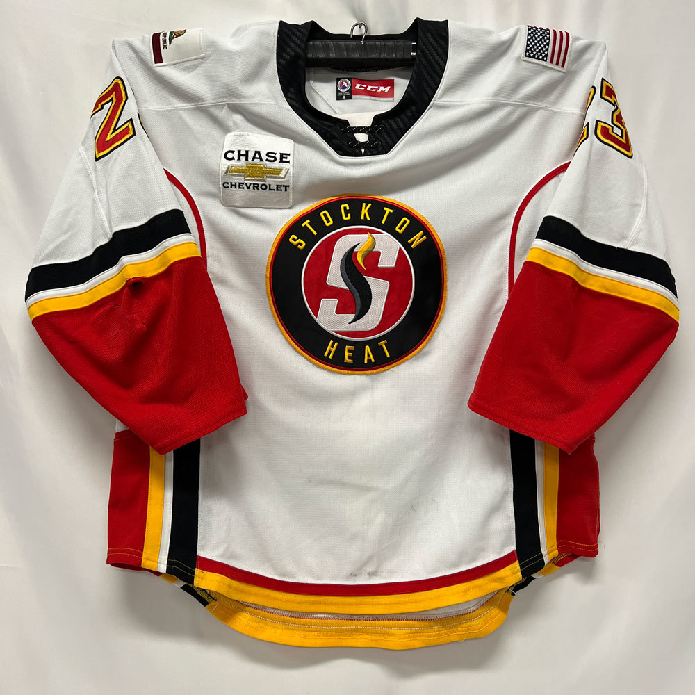 AHL Authentic 2022 Stockton Heat Calder Cup Playoffs WHITE Jersey Game Worn and Signed by 23
