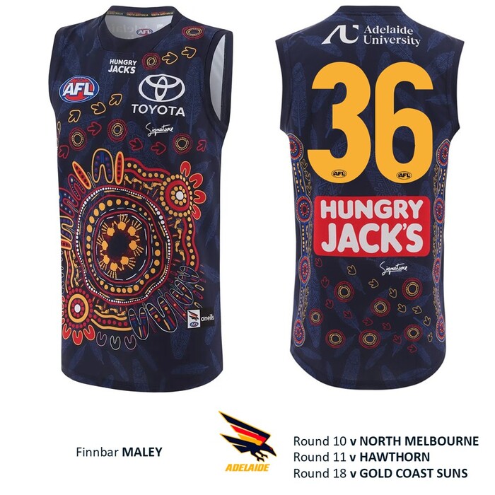 Photo of Finnbar Maley #36 Adelaide Crows 2026 First Nations Player-Issue Guernsey