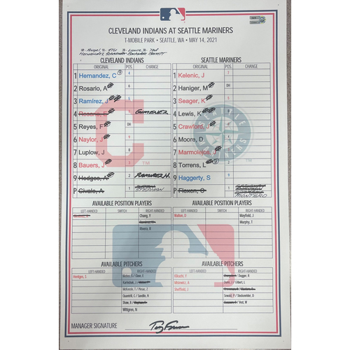 Game-Used Line-up Card - 5/14/2021 Indians at Mariners - Jarred Kelenic First MLB Hit Game