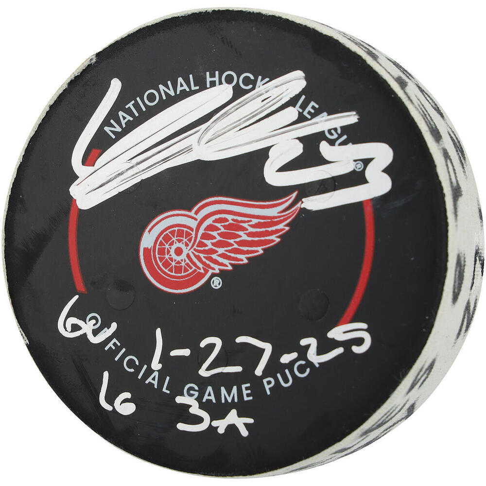 Lucas Raymond Detroit Red Wings Autographed Game-Used Puck vs. Los Angeles Kings on January 27, 2025 with Multiple Inscriptions