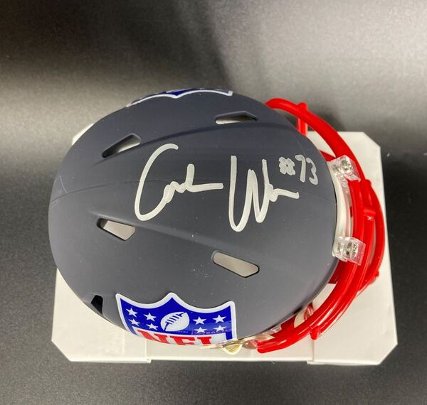 NFL - Patriots Caedan Wallace Signed Blue Shield Mini Helmet