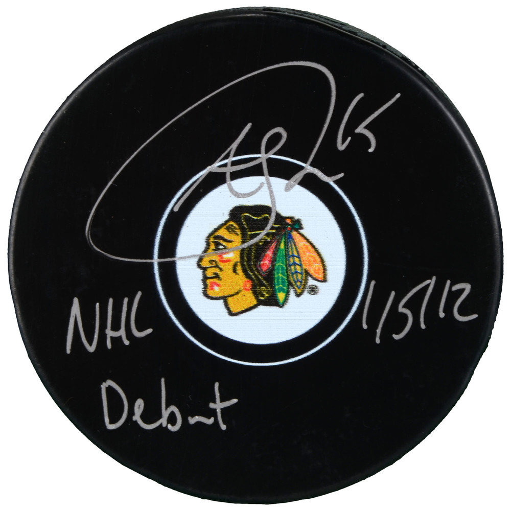 Andrew Shaw Chicago Blackhawks Autographed Hockey Puck with NHL Debut 1/5/12 Inscription