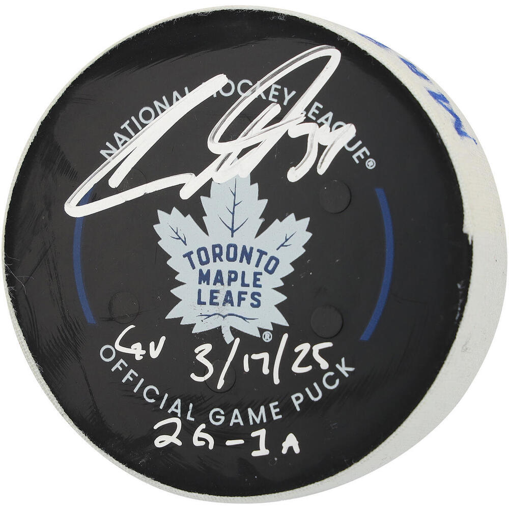 Auston Matthews Toronto Maple Leafs Autographed Game-Used Puck vs. Calgary Flames on March 17, 2025 with Multiple Inscriptions