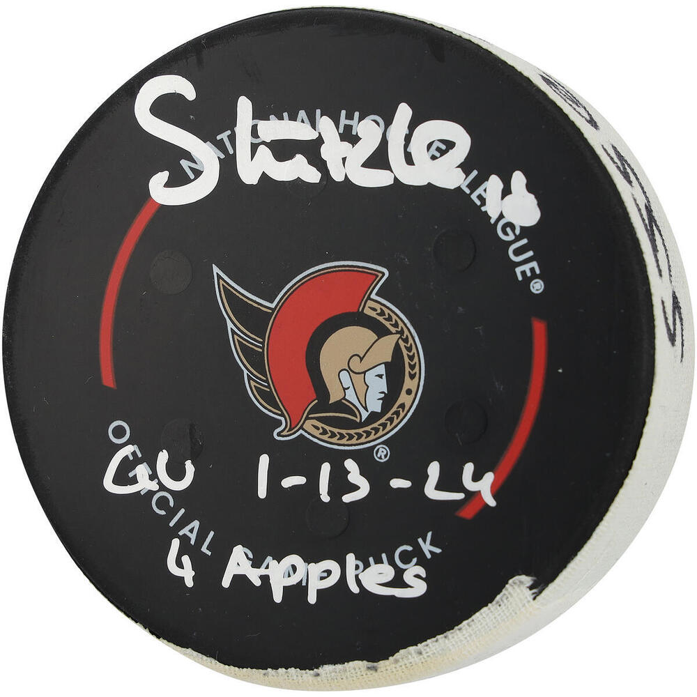 Tim Stutzle Ottawa Senators Autographed Game-Used Puck vs. San Jose Sharks on January 13, 2024 with Multiple Inscriptions