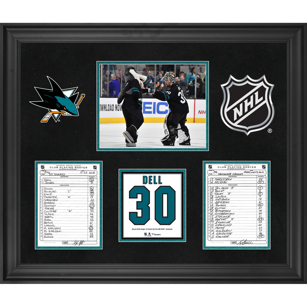 San Jose Sharks Framed Original Line-Up Cards from November 23, 2018 vs. Vancouver Canucks - Aaron Dell 4th NHL Shutout