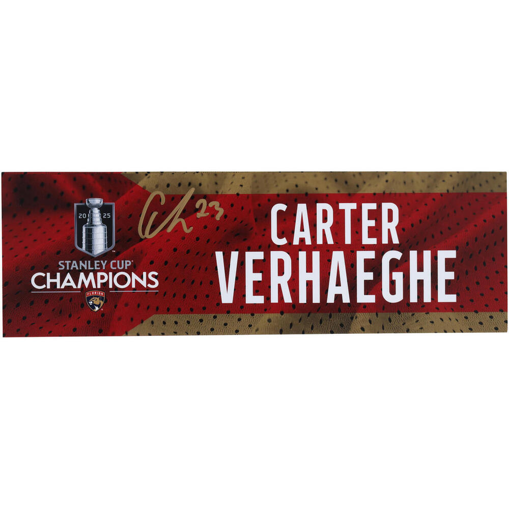 Carter Verhaeghe Florida Panthers Autographed 2025 Stanley Cup Champions Event-Used Nameplate - Used During the Stanley Cup Champions Signing 