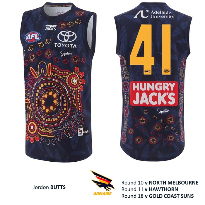 Photo of Jordon Butts #41 Adelaide Crows 2026 First Nations Match-Worn Guernsey (Round 10 & 11)