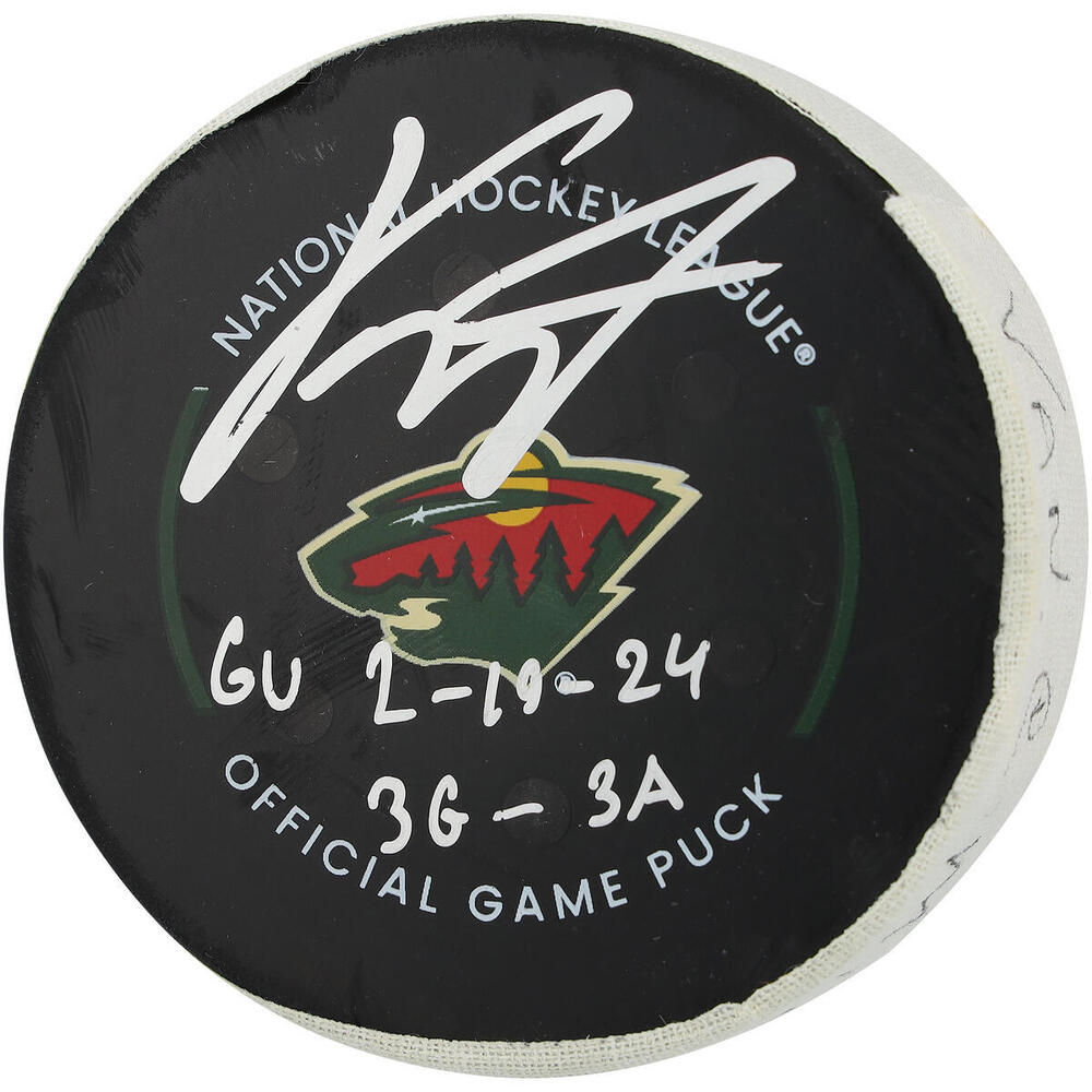 Kirill Kaprizov Minnesota Wild Autographed Game-Used Puck vs. Vancouver Canucks on February 19, 2024 with Multiple Inscriptions