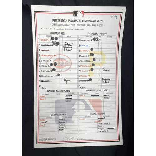 Game-Used Dugout Lineup Card -- Pirates vs. Reds -- April 7, 2021 -- $5 Shipping
