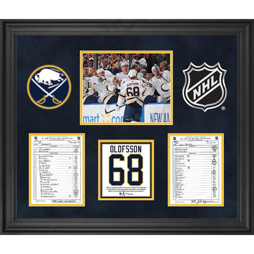 Buffalo Sabres Framed Original Line-Up Cards from October 5, 2019 vs. New Jersey Devils - Victor Olofsson First NHL Multi-Goal Game