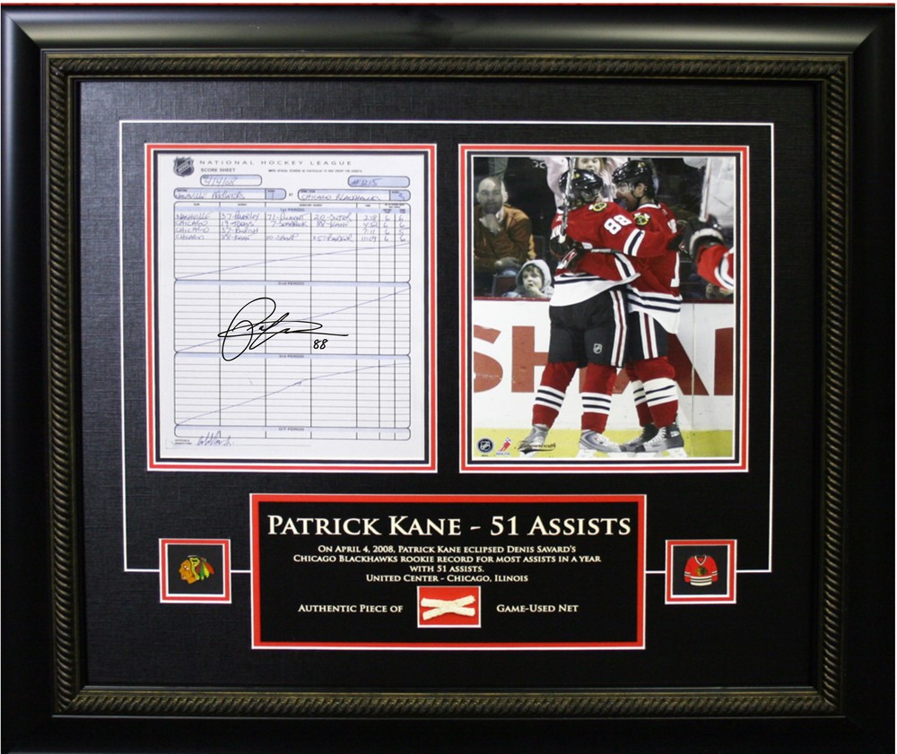 Patrick Kane - Signed & Framed Scoresheet Etched Mat - Featuring 8x10 & Net Assist Record