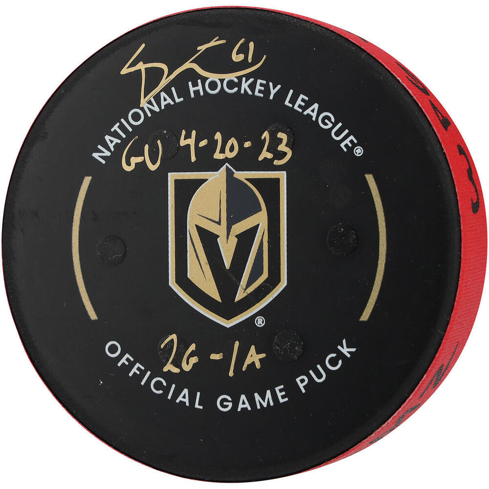 Mark Stone Vegas Golden Knights Autographed Game-Used Puck vs. Winnipeg Jets on April 20, 2023 with Multiple Inscriptions