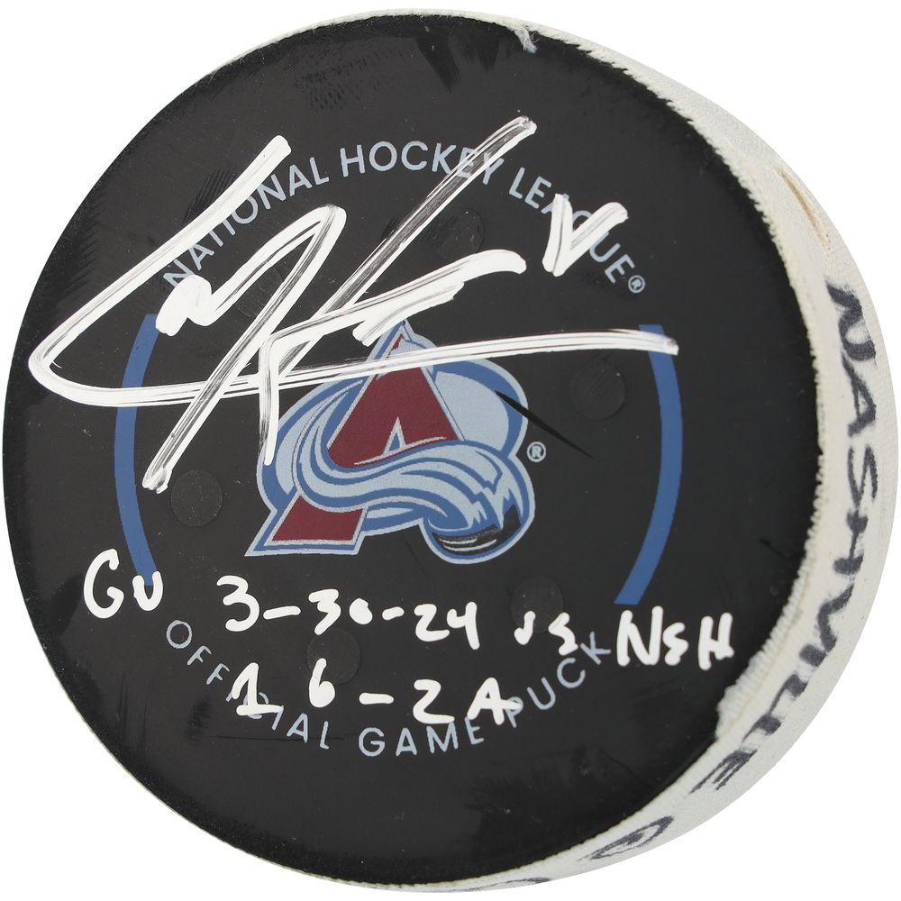 Cale Makar Colorado Avalanche Autographed Game-Used Puck vs. Nashville Predators on March 30, 2024 with Multiple Inscriptions