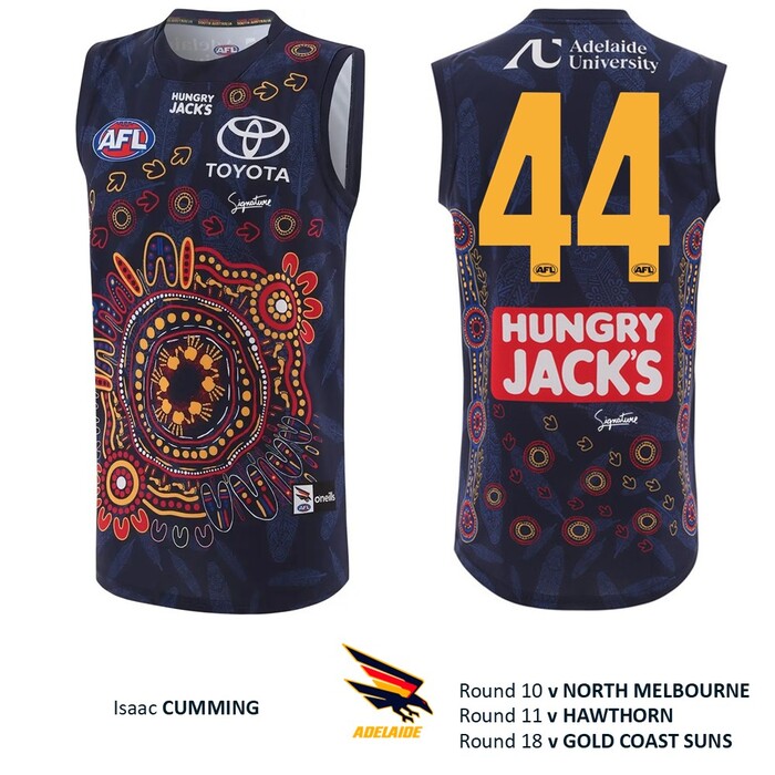 Photo of Isaac Cumming #44 Adelaide Crows 2026 First Nations Match-Worn Guernsey (Round 10)