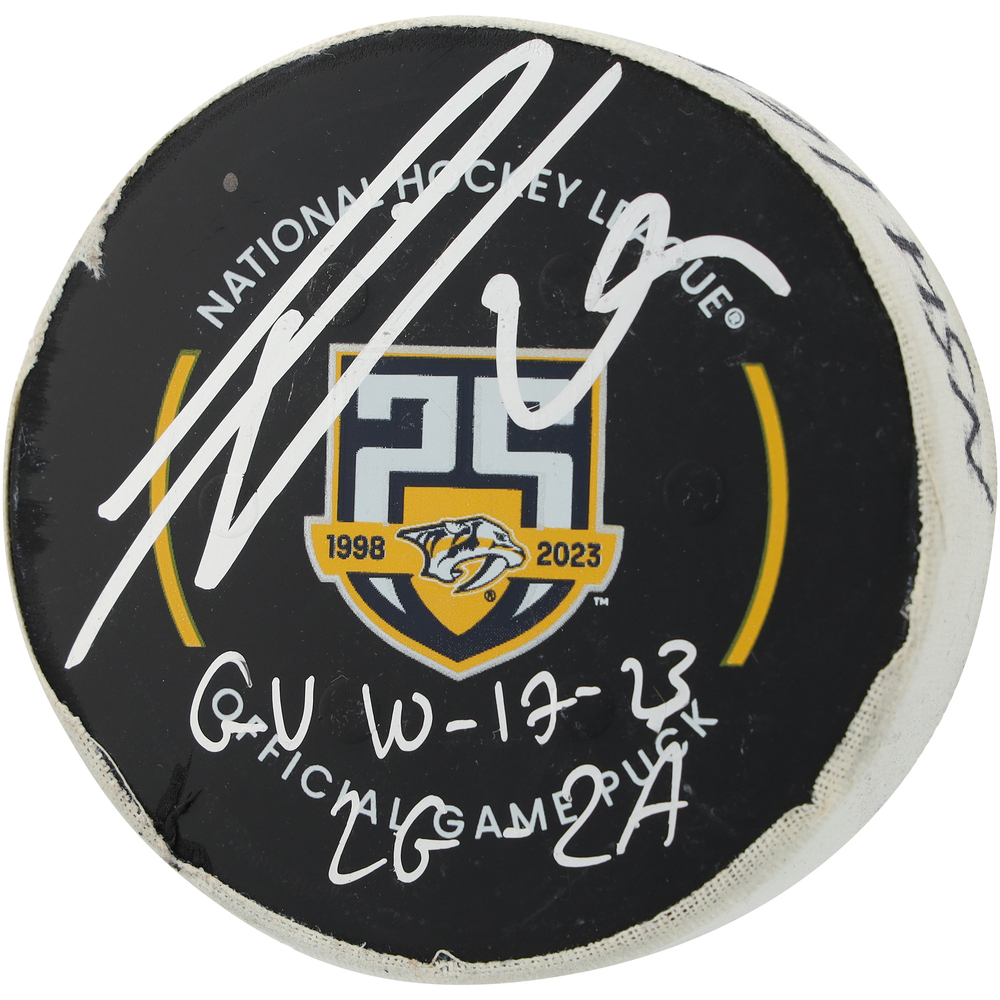 Leon Draisaitl Edmonton Oilers Autographed Game-Used Puck vs. Nashville Predators on October 17, 2023 with Multiple Inscriptions