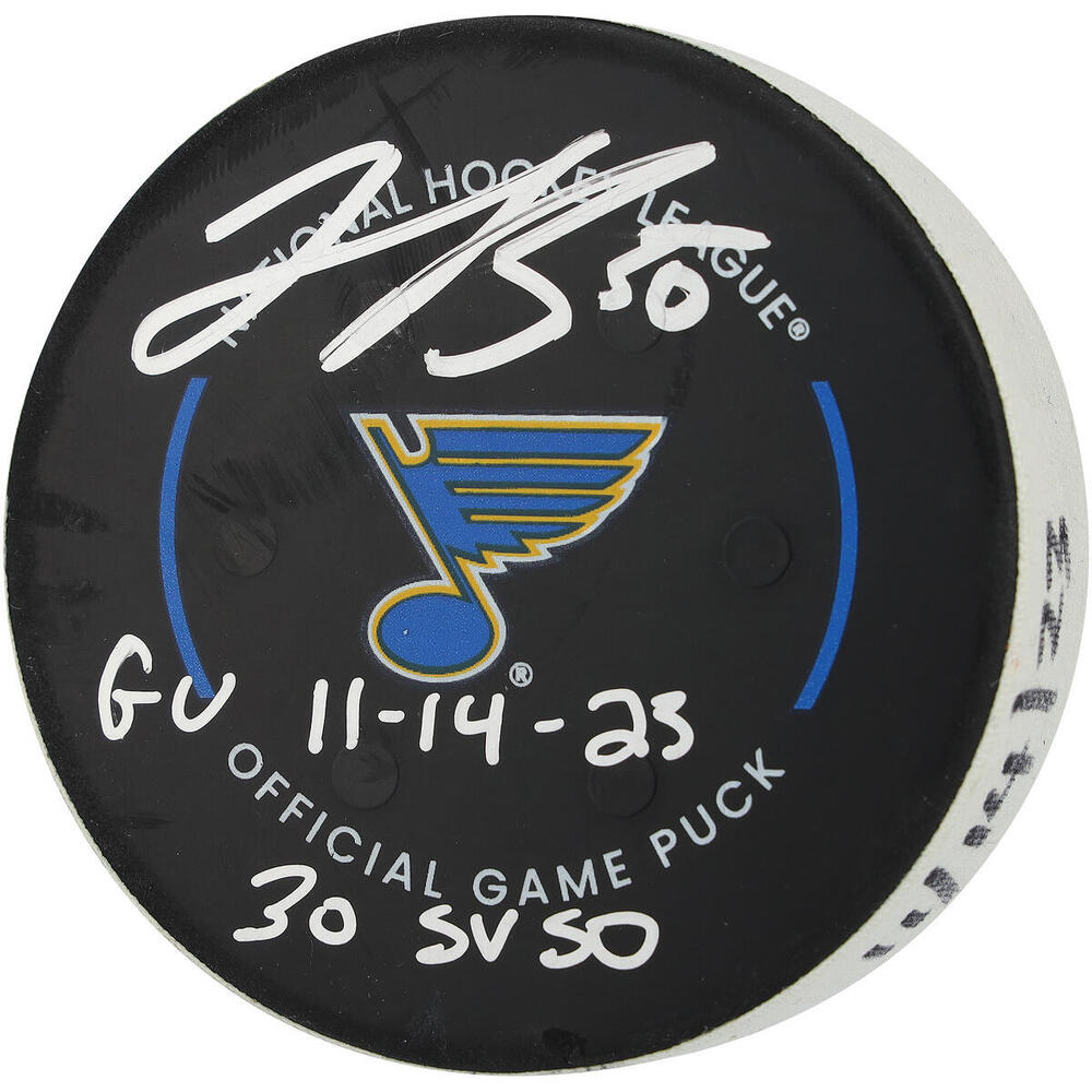 Jordan Binnington St. Louis Blues Autographed Game-Used Puck vs. Tampa Bay Lightning on November 14, 2023 with Multiple Inscriptions