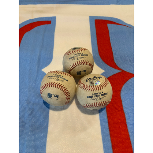 Rare Lot of Shohei Ohtani Game-Used Base Hit Baseballs; LAA @ TEX - 9/29/21 - 1B; 9/30/21 - 2B; 9/30/21 - RBI 3B
