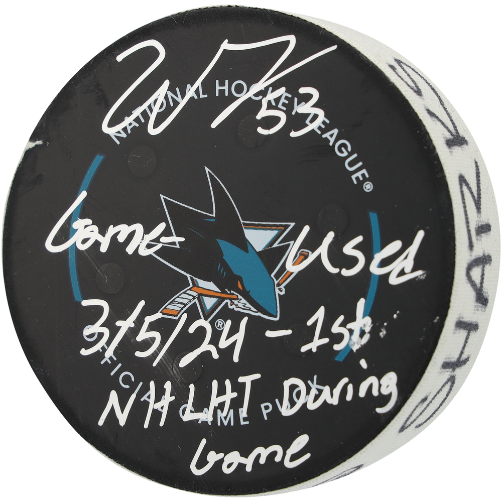 Wyatt Johnston Dallas Stars Autographed Game-Used Puck vs. San Jose Sharks on March 5, 2024 with Multiple Inscriptions