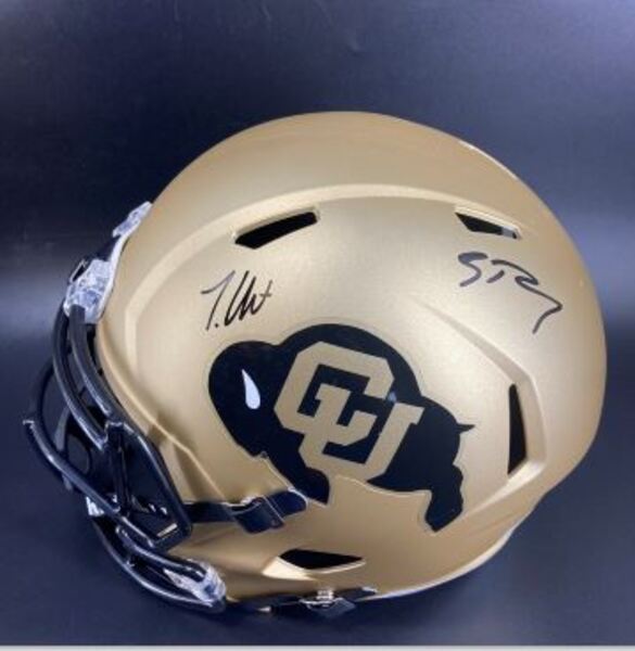 NFL - Colorado Multi Signed Replica Speed Helmet Signed by Travis Hunter...