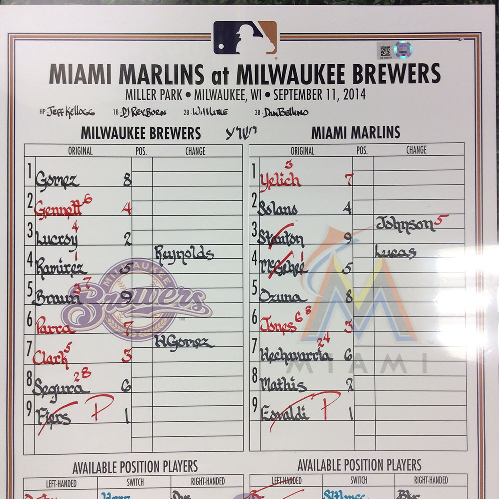 Brewers Charity Auction MIA MIL 9/11/14 Lineup Card Eovaldi vs