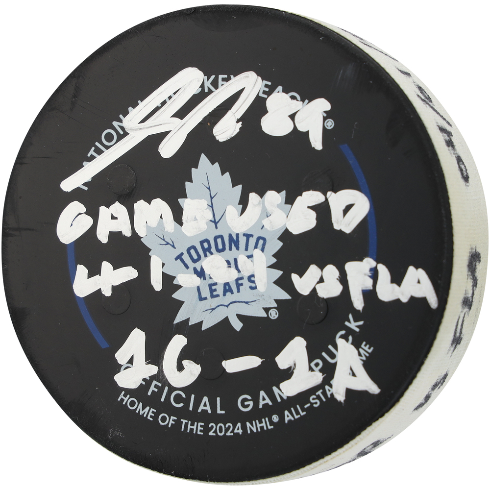 Nicholas Robertson Toronto Maple Leafs Autographed Game-Used Puck vs. Florida Panthers on April 1, 2024 with Multiple Inscriptions