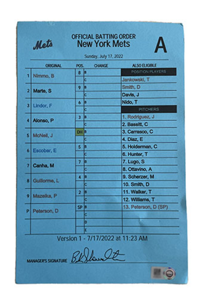 Official Batting Order Card July 17th, 2022 Mets vs. Cubs Mets