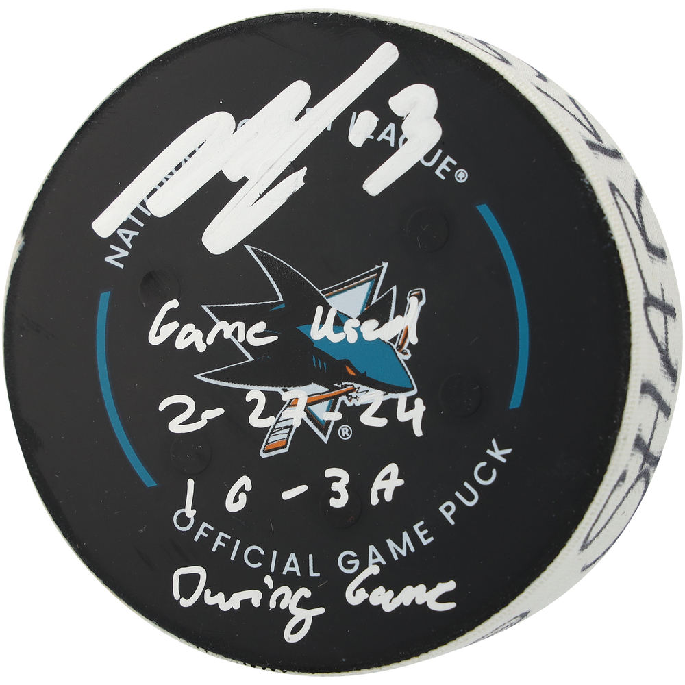 Nico Hischier New Jersey Devils Autographed Game-Used Puck vs. San Jose Sharks on February 27, 2024 with Multiple Inscriptions