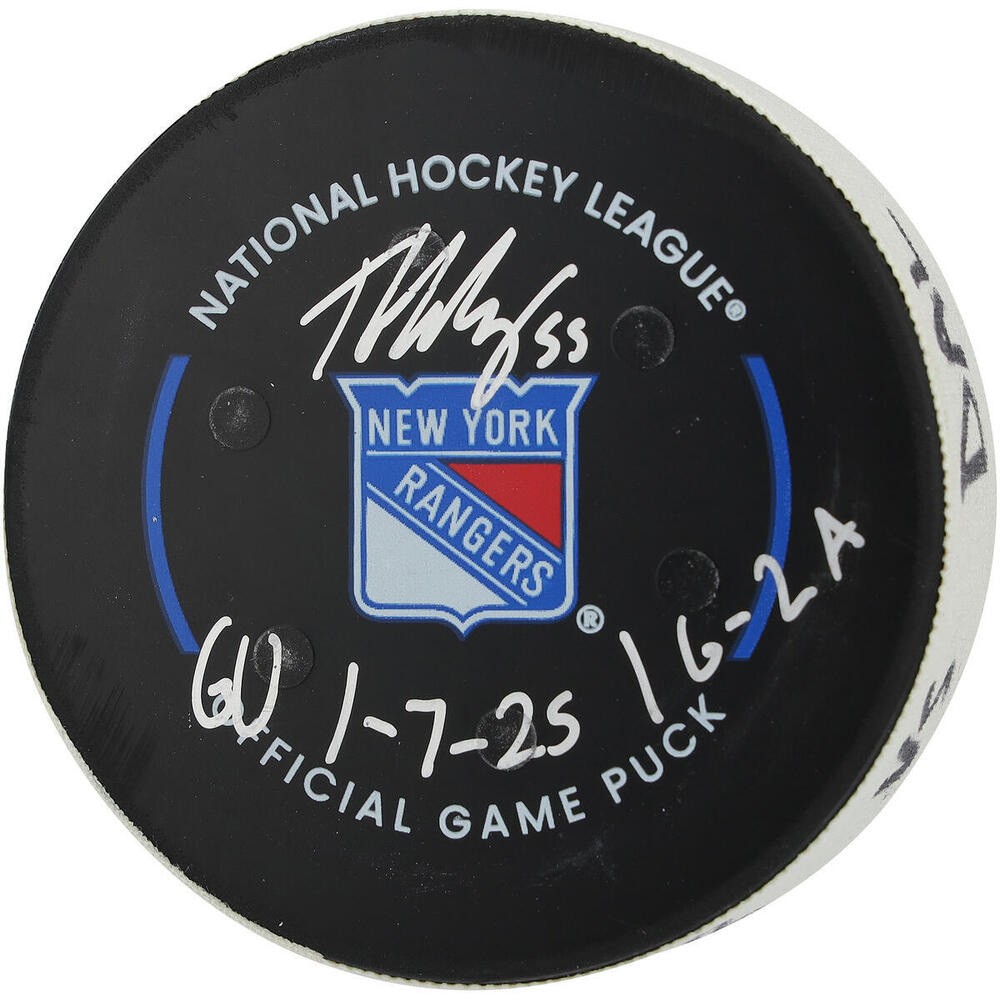 Thomas Harley Dallas Stars Autographed Game-Used Puck vs. New York Rangers on January 7, 2025 with Multiple Inscriptions