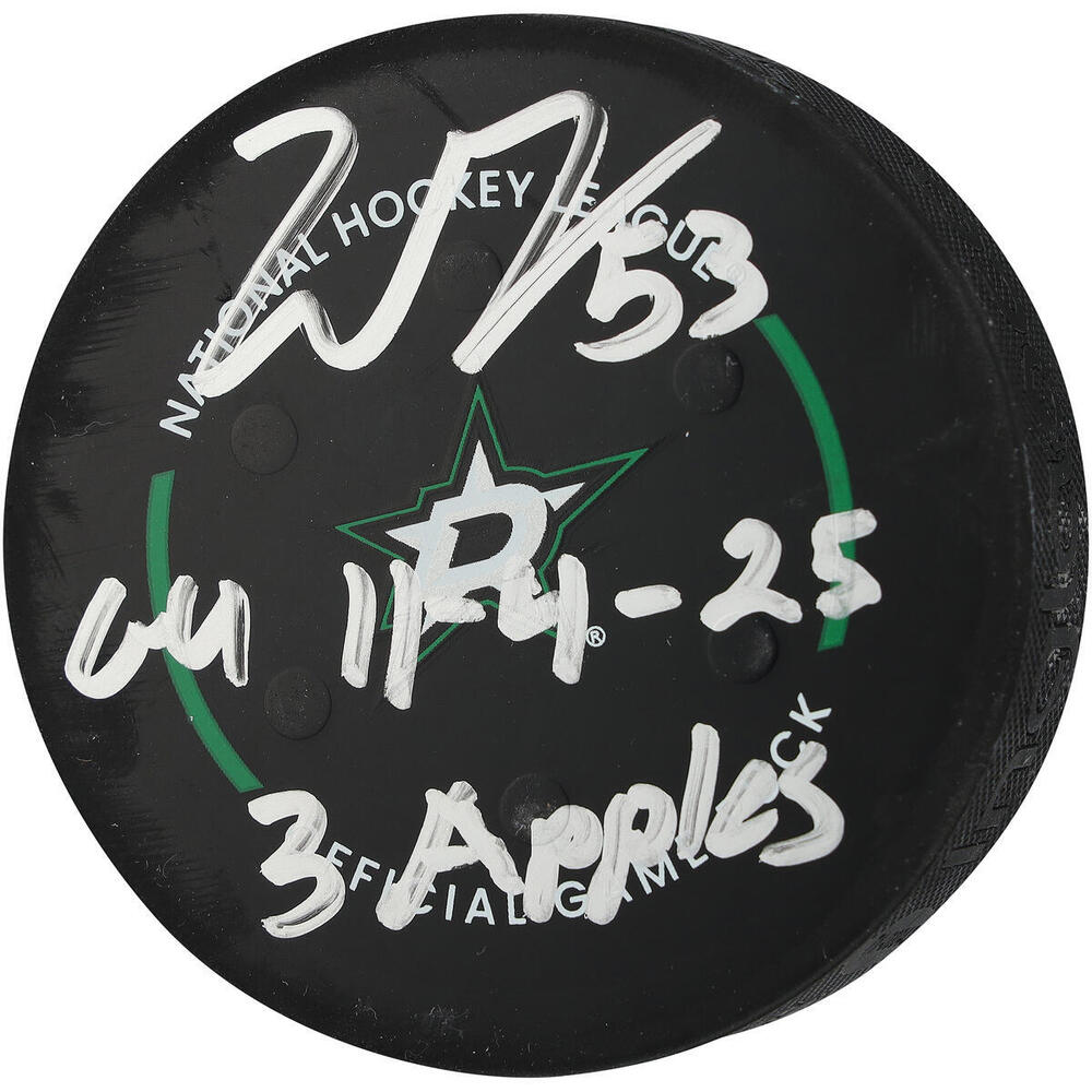 Wyatt Johnston Dallas Stars Autographed Game-Used Puck vs. Edmonton Oilers on November 4, 2025 with Multiple Inscriptions