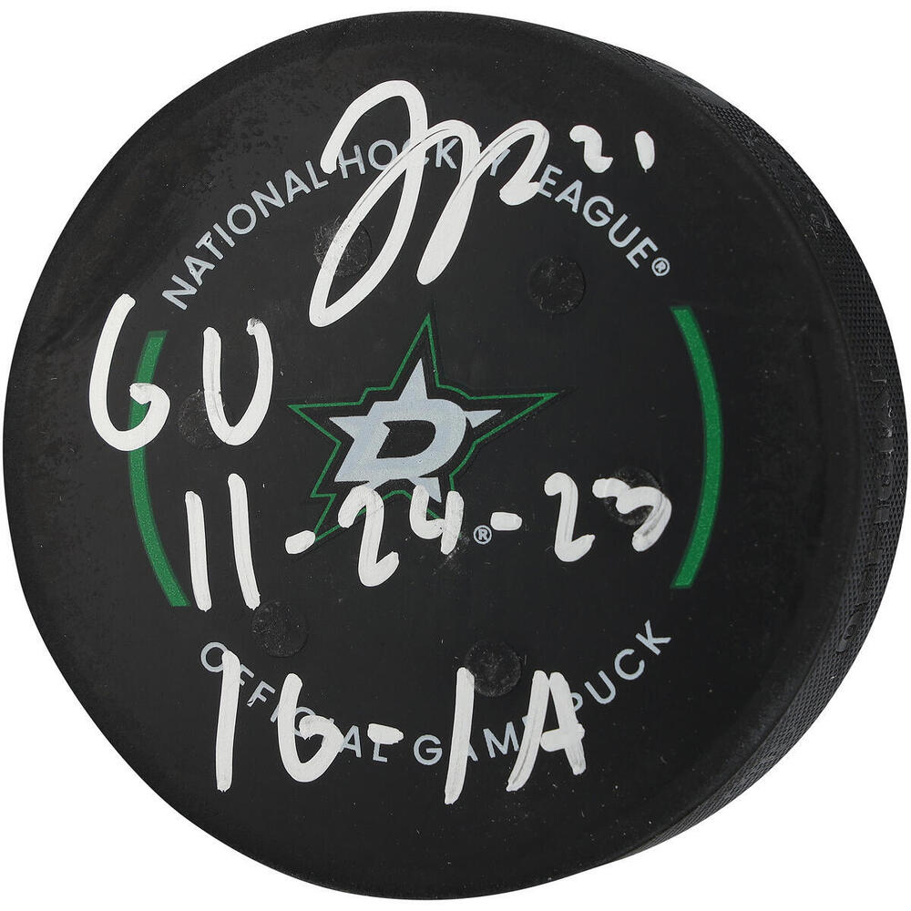 Jason Robertson Dallas Stars Autographed Game-Used Puck vs. Calgary Flames on November 24, 2023 with Multiple Inscriptions
