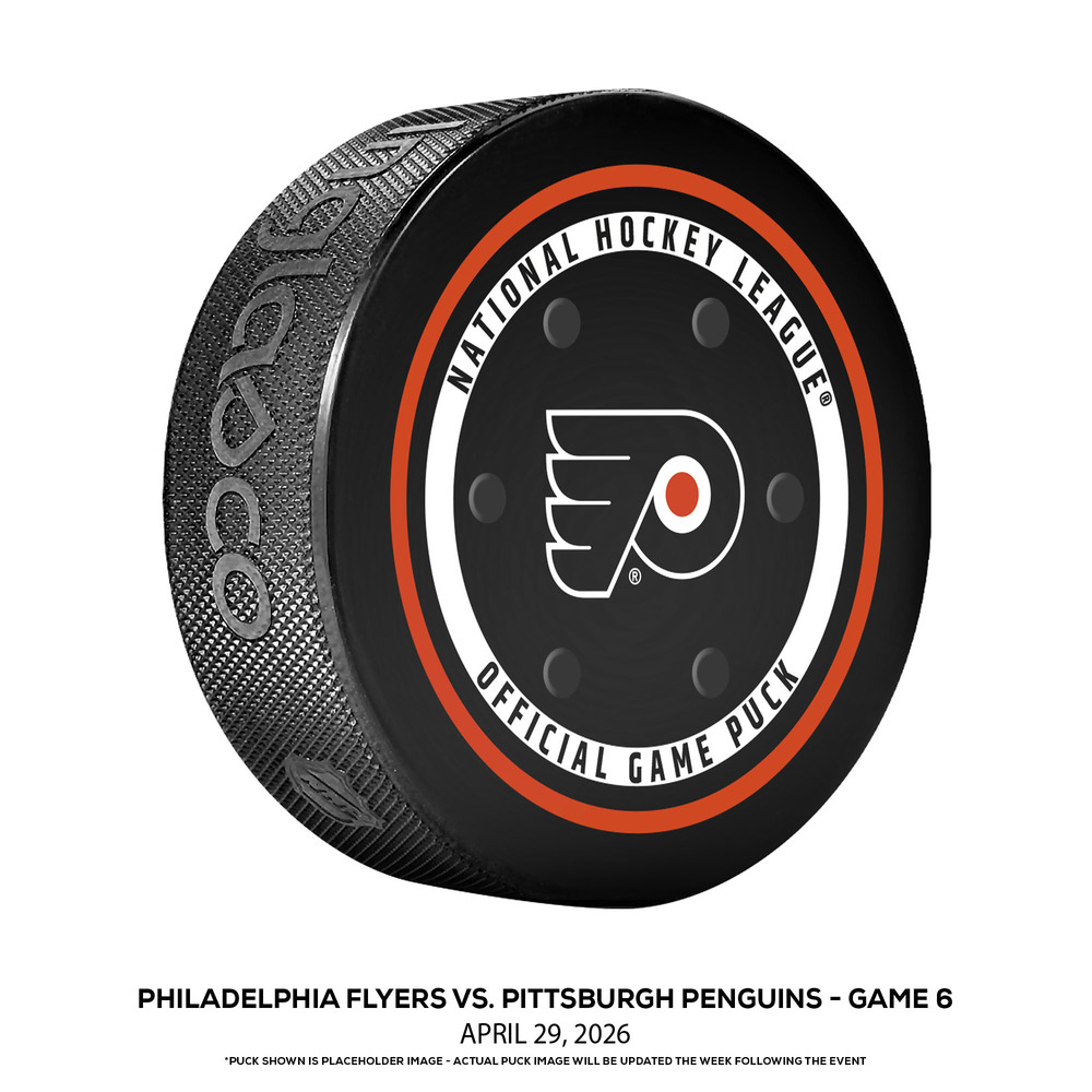 Pittsburgh Penguins vs. Philadelphia Flyers Game-Used Puck from Game 6 of the First Round of the 2026 Stanley Cup Playoffs on April 29, 2026 - Cam York (PHI) 1st Career Stanley Cup Playoff Goal, Flyers Eliminate Penguins to Advance (Not a Goal Puck)